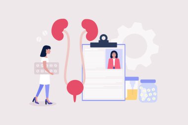 Nefroloji, üroloji konsepti. Hap tutan ve böbreklerini kontrol eden genç bir kadın. Renkli düz vektör illüstrasyonu