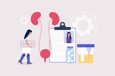 Nefroloji, üroloji konsepti. Hap tutan ve böbreklerini kontrol eden genç bir kadın. Renkli düz vektör illüstrasyonu