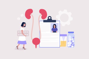 Nefroloji, üroloji konsepti. Hap tutan ve böbreklerini kontrol eden genç bir kadın. Renkli düz vektör illüstrasyonu