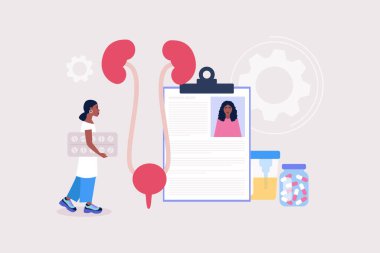 Nefroloji, üroloji konsepti. Hap tutan ve böbreklerini kontrol eden genç bir kadın. Renkli düz vektör illüstrasyonu