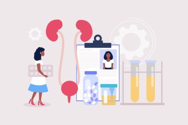 Nefroloji, üroloji konsepti. Hap tutan ve böbreklerini kontrol eden genç bir kadın. Renkli düz vektör illüstrasyonu