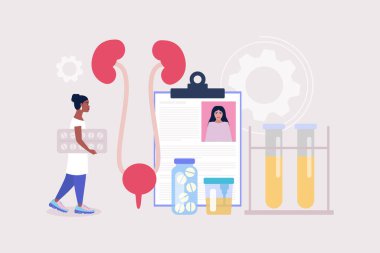 Nefroloji, üroloji konsepti. Hap tutan ve böbreklerini kontrol eden genç bir kadın. Renkli düz vektör illüstrasyonu