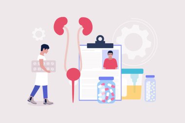 Nefroloji, üroloji konsepti. Elinde hap tutan ve böbreklerini kontrol eden genç bir adam. Renkli düz vektör illüstrasyonu