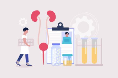 Nefroloji, üroloji konsepti. Elinde hap tutan ve böbreklerini kontrol eden genç bir adam. Renkli düz vektör illüstrasyonu