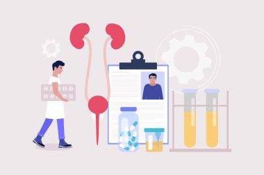 Nefroloji, üroloji konsepti. Elinde hap tutan ve böbreklerini kontrol eden genç bir adam. Renkli düz vektör illüstrasyonu