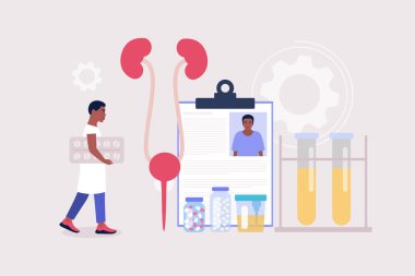 Nefroloji, üroloji konsepti. Elinde hap tutan ve böbreklerini kontrol eden genç bir adam. Renkli düz vektör illüstrasyonu