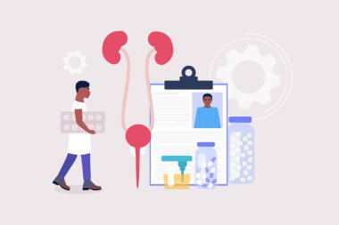 Nefroloji, üroloji konsepti. Elinde hap tutan ve böbreklerini kontrol eden genç bir adam. Renkli düz vektör illüstrasyonu