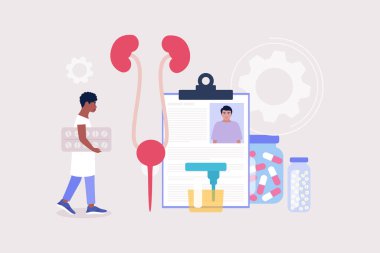 Nefroloji, üroloji konsepti. Elinde hap tutan ve böbreklerini kontrol eden genç bir adam. Renkli düz vektör illüstrasyonu