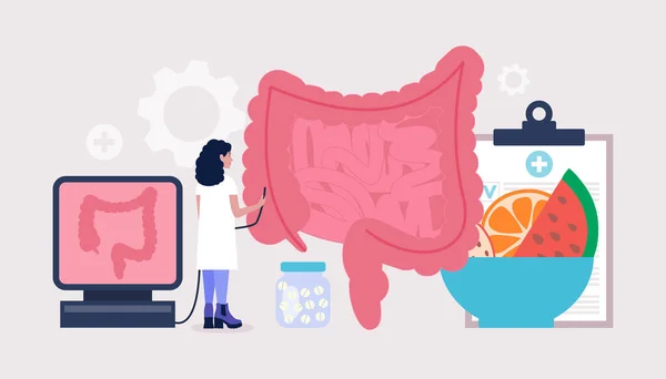 Proctologie Coloproctologie Concept Jonge Vrouw Controleert Darmen Kleurrijke Vlakke Vector — Stockvector