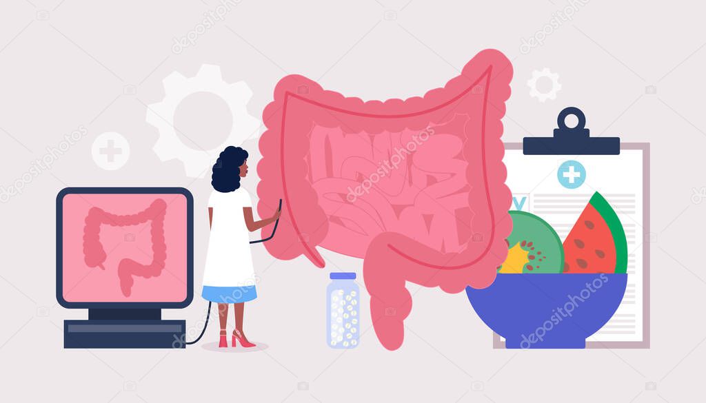 Proctology, Coloproctology concept. Young woman checks intestine. Colorful flat vector illustration