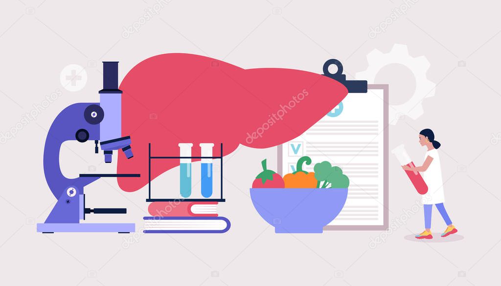 Hepatology concept. Young woman checks liver. Colorful flat vector illustration