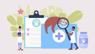 Veteriner bilimi konsepti. Veterinerler tembelleri kontrol eder. Renkli düz vektör illüstrasyonu