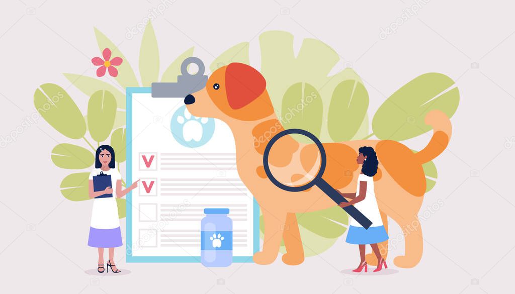 Veterinary science concept. Vets check dog. Colorful flat vector illustration