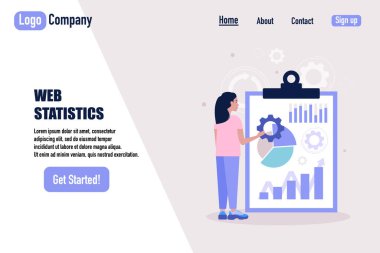 İş analizi konsepti. Bilgi, proje, istatistik sunan genç bir kadın. Web sitesi şablonu. Düz bir şekilde vektör illüstrasyonu.