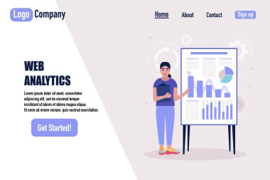 İş analizi konsepti. Bilgi, proje, istatistik sunan genç bir kadın. Web sitesi şablonu. Düz bir şekilde vektör illüstrasyonu.