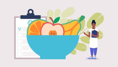 Diyet konsepti. Kalori kontrolü. Sağlıklı yemek. Renkli düz vektör illüstrasyonu