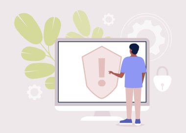 Sing up concept. Young man logs into the computer. Colorful flat vector illustration