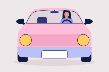 Araba süren bir kadının tasviri. Düz bir şekilde vektör illüstrasyonu.