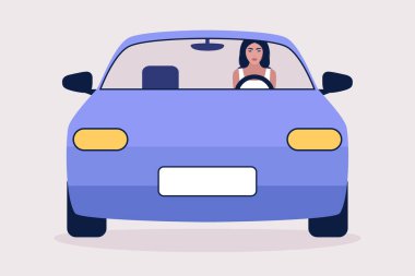 Araba süren bir kadının tasviri. Düz bir şekilde vektör illüstrasyonu.