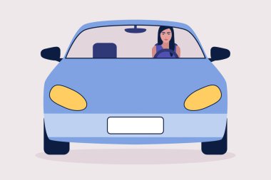 Araba süren bir kadının tasviri. Düz bir şekilde vektör illüstrasyonu.