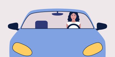 Araba süren bir kadının tasviri. Düz bir şekilde vektör illüstrasyonu.