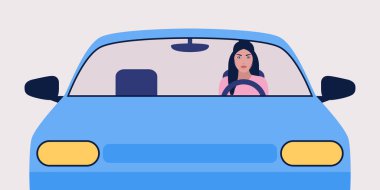 Araba süren bir kadının tasviri. Düz bir şekilde vektör illüstrasyonu.