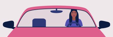 Araba süren bir kadının tasviri. Düz bir şekilde vektör illüstrasyonu.