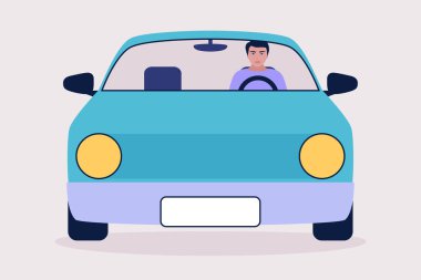 Araba süren bir adamın tasviri. Düz bir şekilde vektör illüstrasyonu.