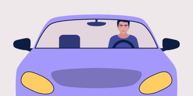 Araba süren bir adamın tasviri. Düz bir şekilde vektör illüstrasyonu.