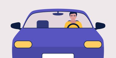 Araba süren bir adamın tasviri. Düz bir şekilde vektör illüstrasyonu.