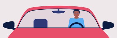 Araba süren bir adamın tasviri. Düz bir şekilde vektör illüstrasyonu.