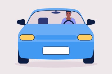 Araba süren bir adamın tasviri. Düz bir şekilde vektör illüstrasyonu.