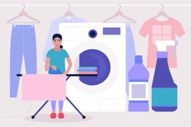 Çarşaf ütüleyen genç bir kadın. Renkli düz vektör illüstrasyonu