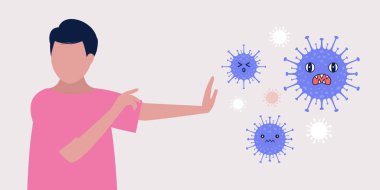 Coronavirus koruma konsepti. Koronavirüs bakterilerine karşı genç bir adam. Düz bir şekilde vektör illüstrasyonu