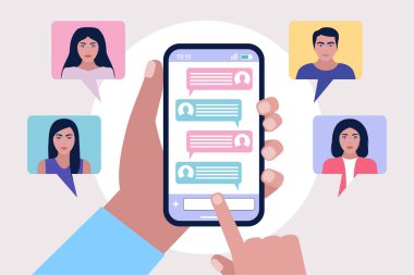 Çevrimiçi sohbet baloncukları tasviri. Renkli düz vektör illüstrasyonu.