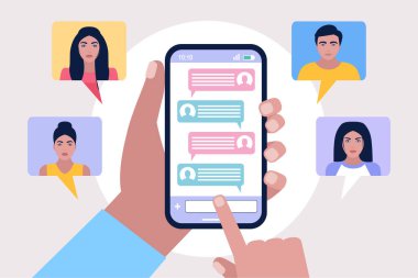 Çevrimiçi sohbet baloncukları tasviri. Renkli düz vektör illüstrasyonu.