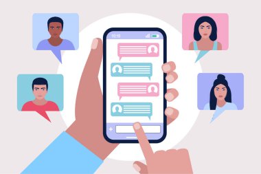 Çevrimiçi sohbet baloncukları tasviri. Renkli düz vektör illüstrasyonu.