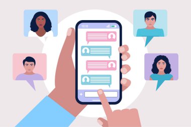 Çevrimiçi sohbet baloncukları tasviri. Renkli düz vektör illüstrasyonu.