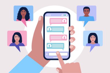 Çevrimiçi sohbet baloncukları tasviri. Renkli düz vektör illüstrasyonu.