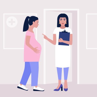 Doktor randevusunda hamile bir genç kadın vardı. Renkli düz vektör illüstrasyonu.