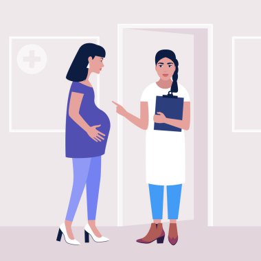 Doktor randevusunda hamile bir genç kadın vardı. Renkli düz vektör illüstrasyonu.