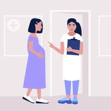 Doktor randevusunda hamile bir genç kadın vardı. Renkli düz vektör illüstrasyonu.