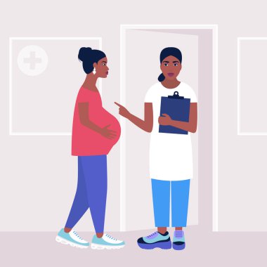 Doktor randevusunda hamile bir genç kadın vardı. Renkli düz vektör illüstrasyonu.