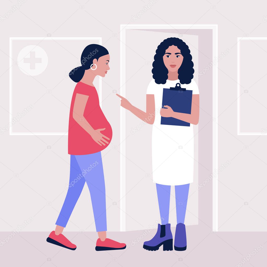 Pregnant young woman at the doctor's appointment. Colorful flat vector illustration.