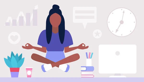 Relájese Medite Concepto Mujer Joven Meditando Casa Oficina Freelancer Trabajador — Archivo Imágenes Vectoriales