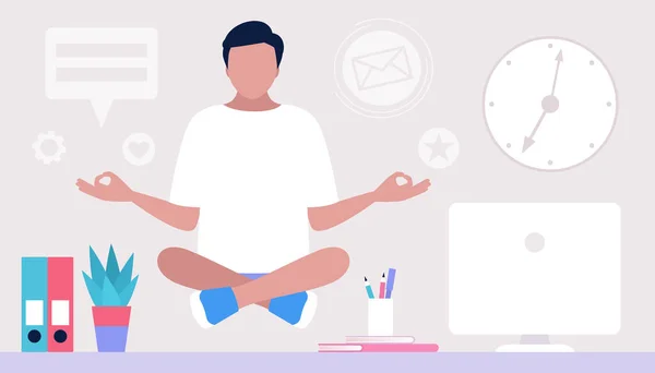 Relax Meditate Concept Young Man Meditating Home Office Freelancer Worker — Stock Vector