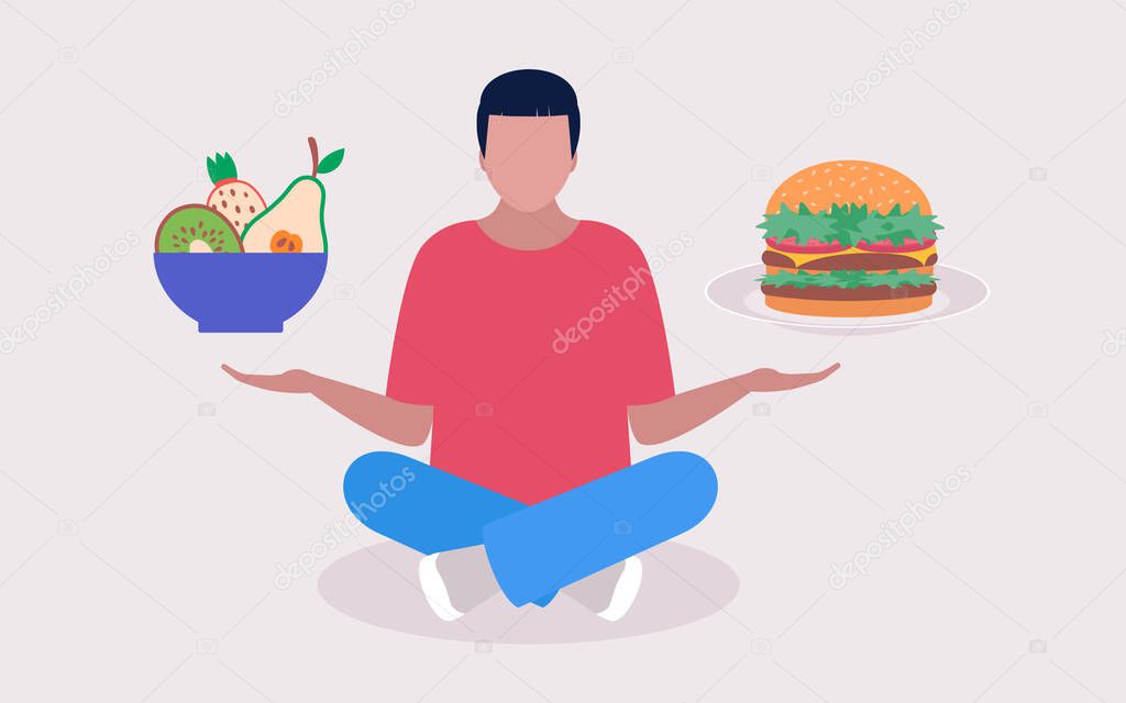 Choice concept. Young man holding heathy and junk in his arms. Colorful flat vector illustration.