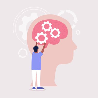 Akıl sağlığı konsepti. Beyin fırtınası konsepti. Adam büyük beynin yakınında büyük bir vites tutuyor. Düz bir şekilde vektör illüstrasyonu.