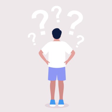 Genç adam düşünüyor. Kafasının üstünde soru işaretleri olan bir karakter. Düz bir şekilde vektör illüstrasyonu