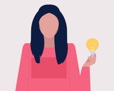 Elinde ampul tutan genç bir kadın. Beyin fırtınası konsepti. Düz bir şekilde vektör illüstrasyonu.